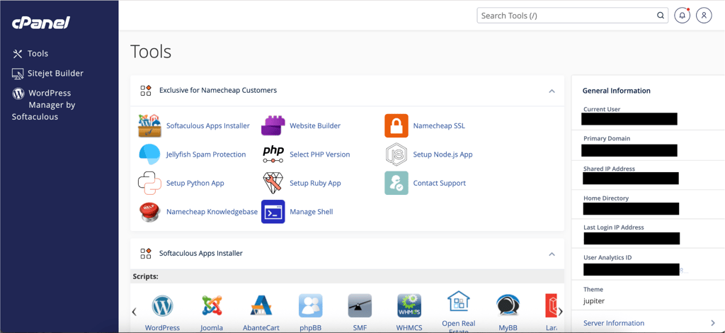 Namecheap’s cPanel used for all hosting management tasks