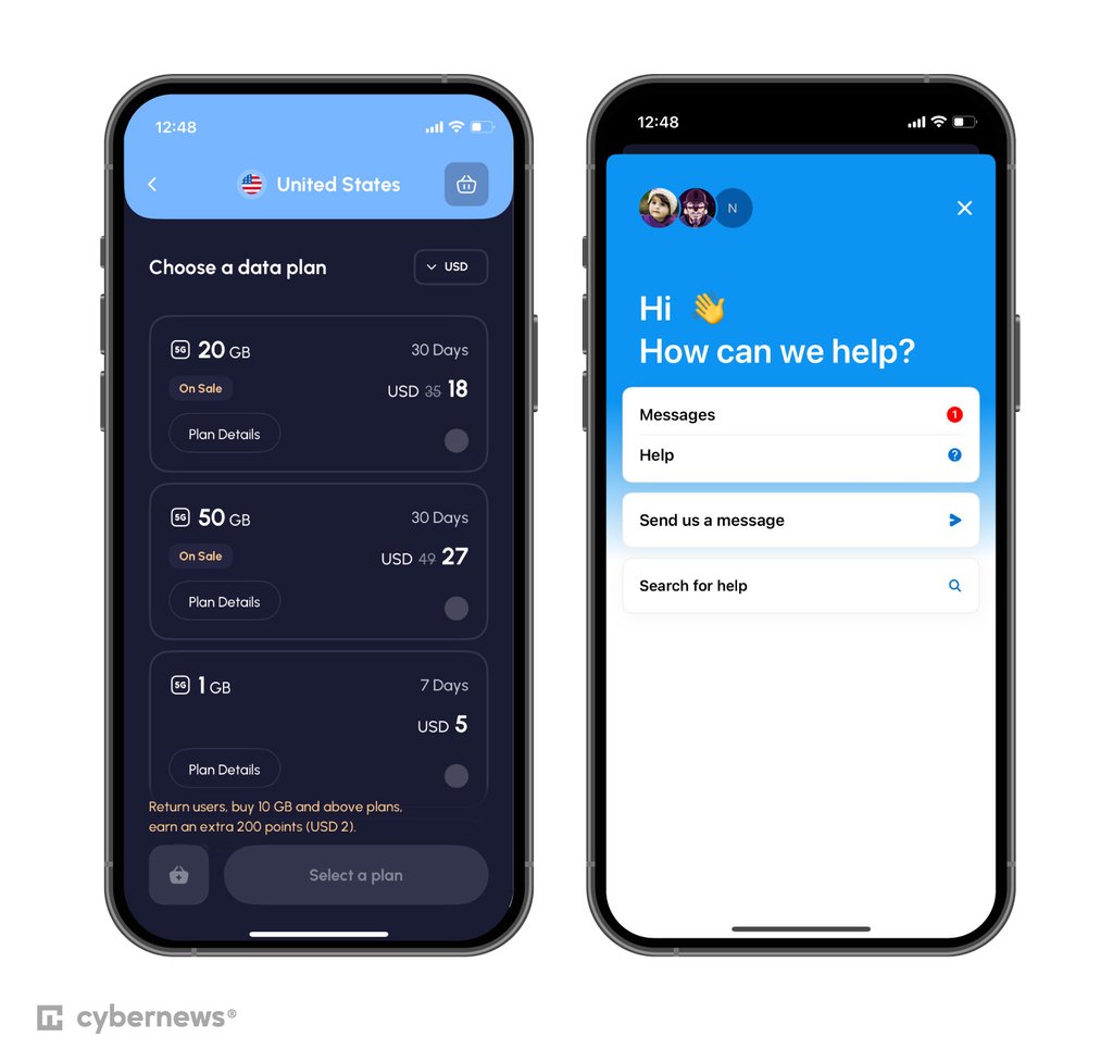 Nomad's US data plans and customer support dashboard