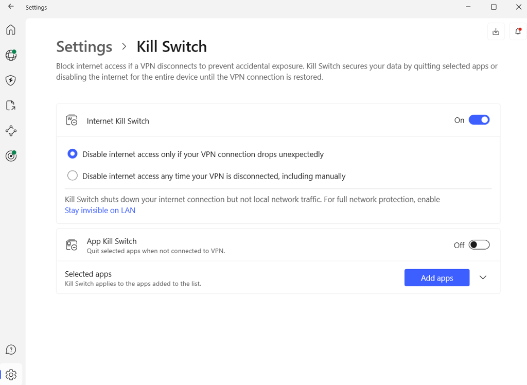 NordVPN kill switch menu
