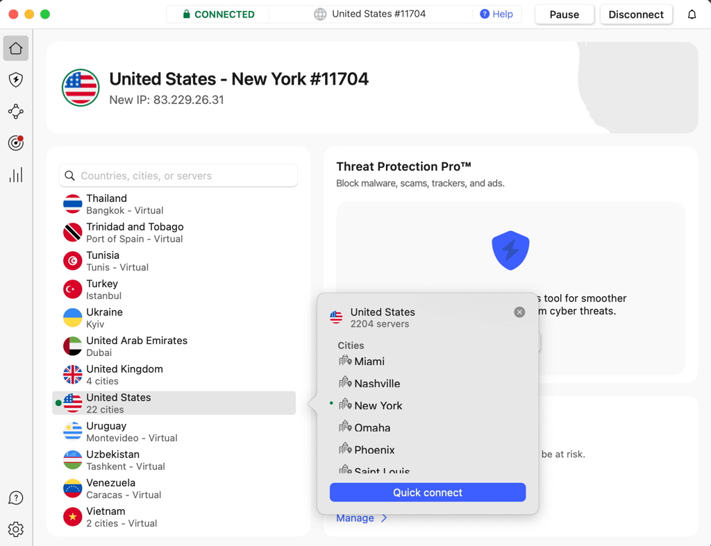NordVPN connected to New York server