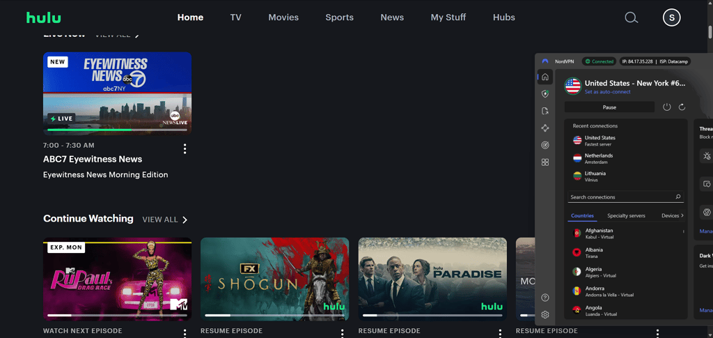 NordVPN easily unblocks Hulu