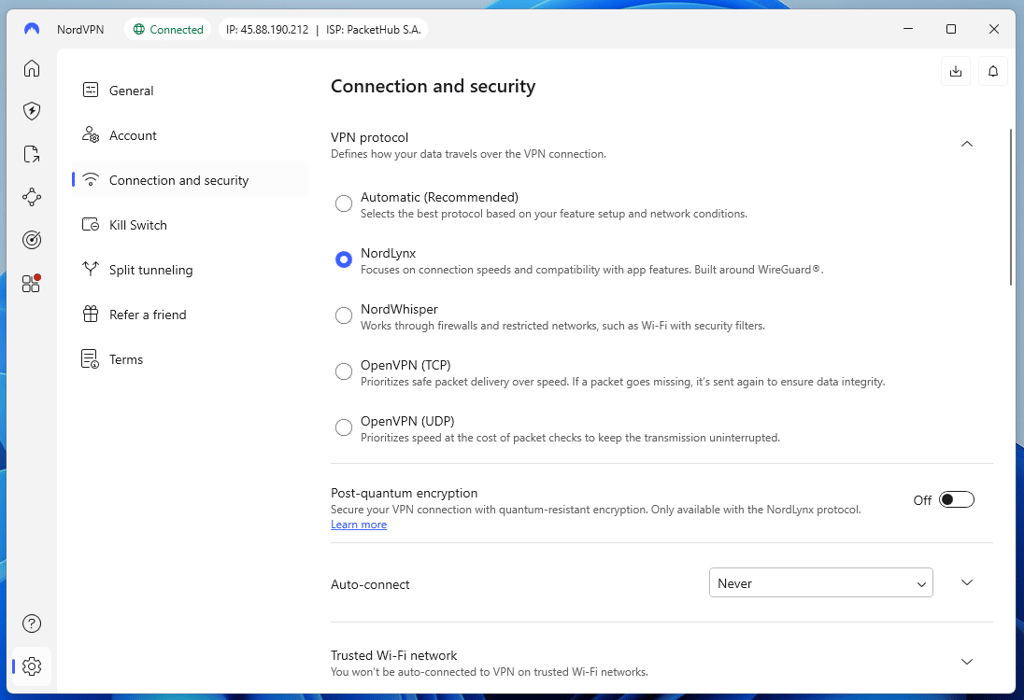 Changing protocols on NordVPN