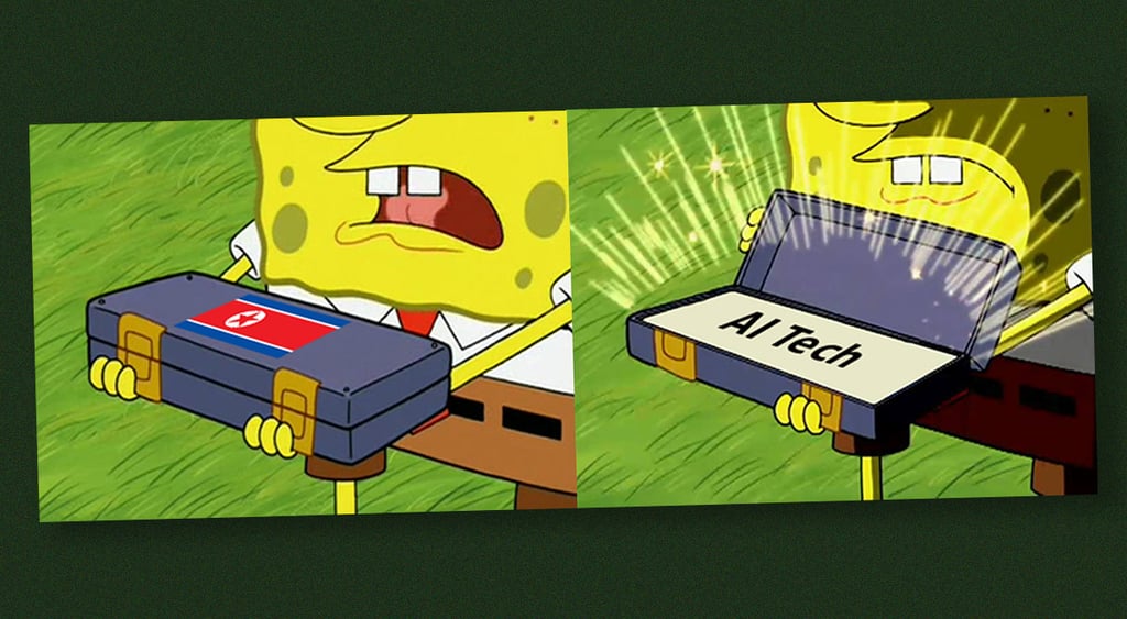 spongebobs holding a box, AI tech inside, north korea flag on box