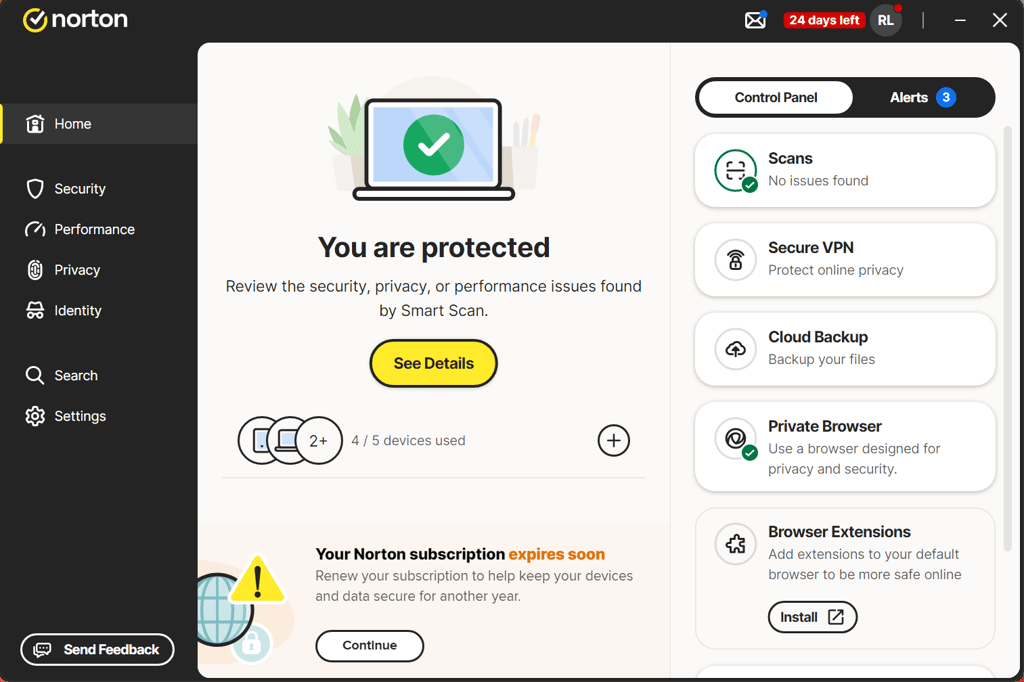 Norton 360 desktop app dashboard