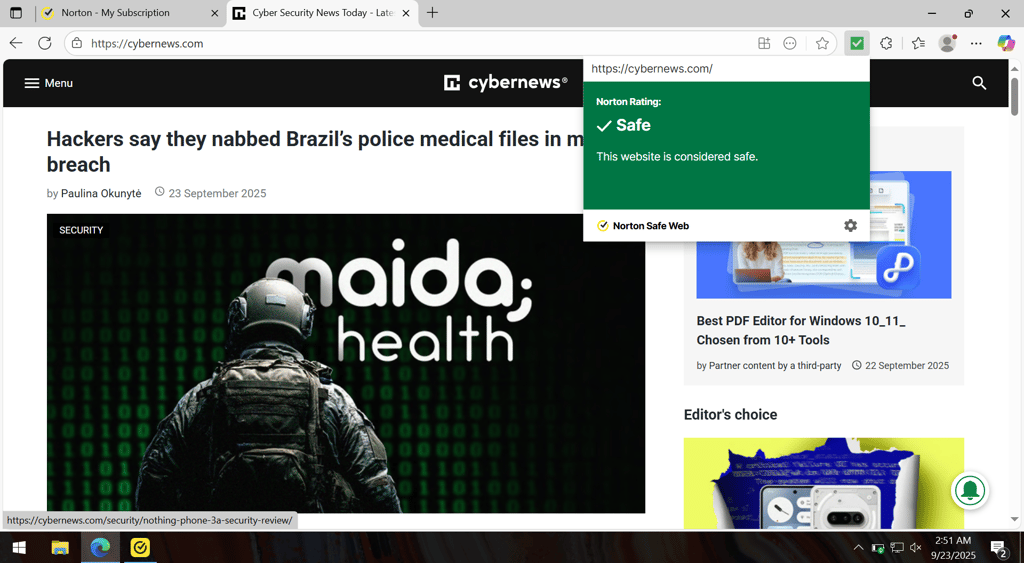 Norton's Safe Web browser extension for anti-phishing protection