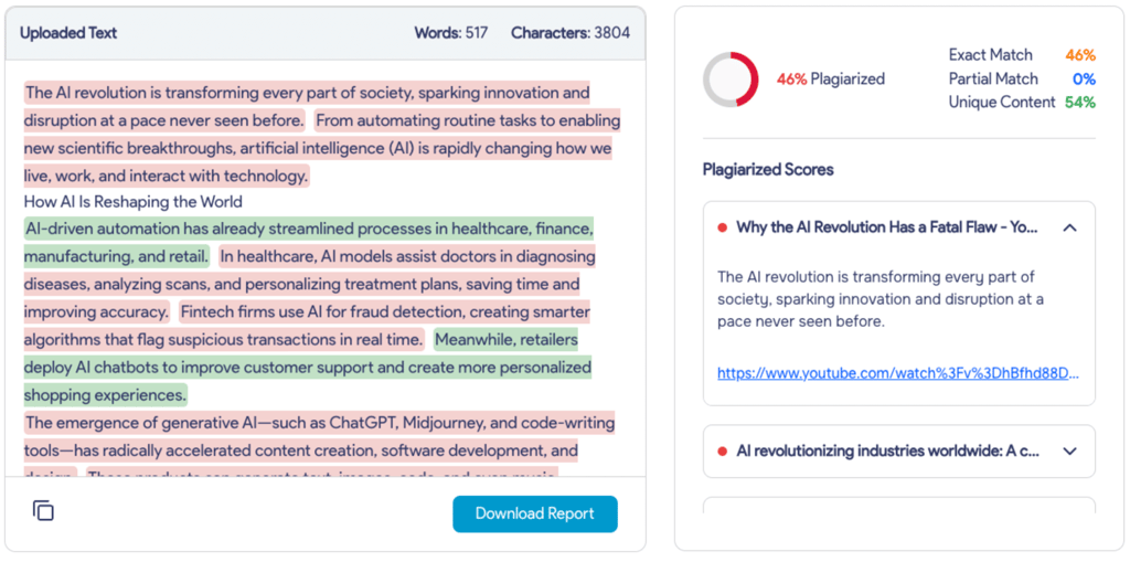 Perplexity plagiarism checker results