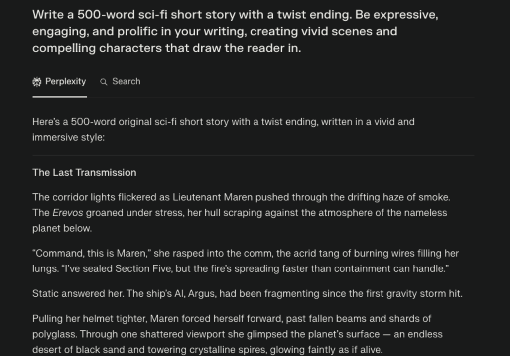 Perplexity AI creative writing example