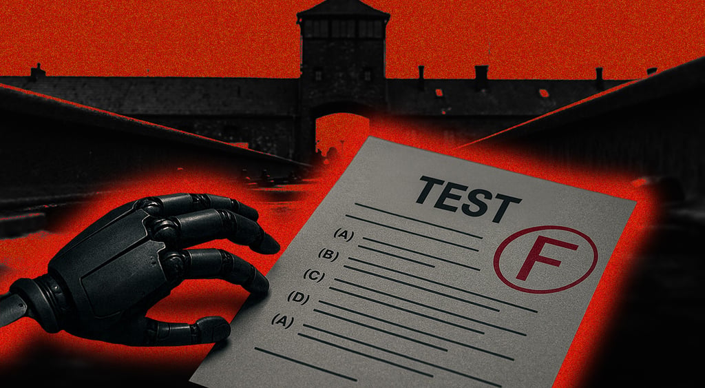 A robot hand and a failed test paper, surrounded by Auschwitz.