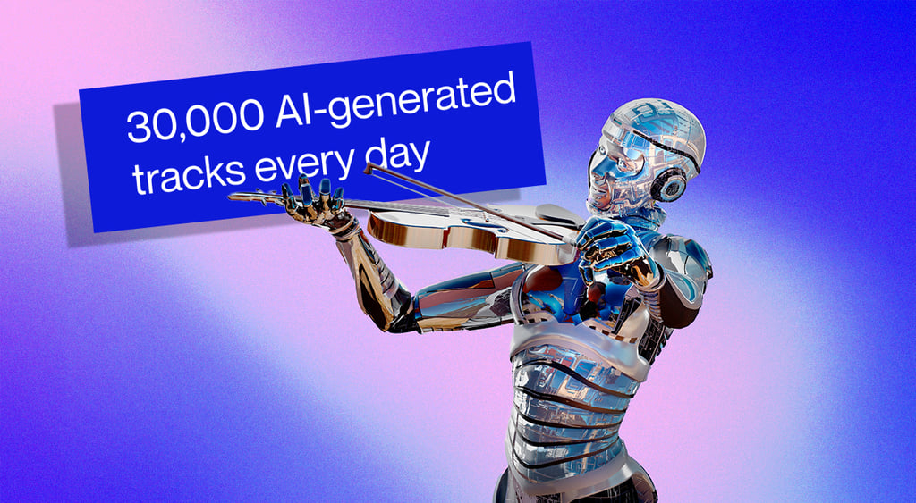 robot playing violin instrument 30 thousands tracks uploaded AI generated