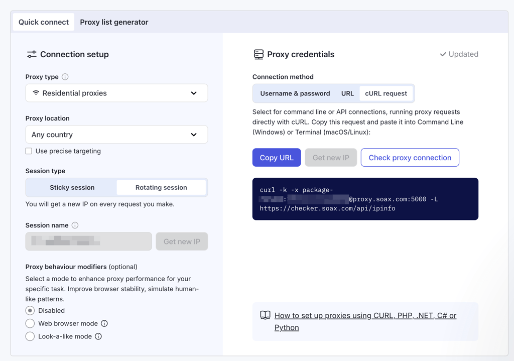 SOAX’s Connection setup dashboard