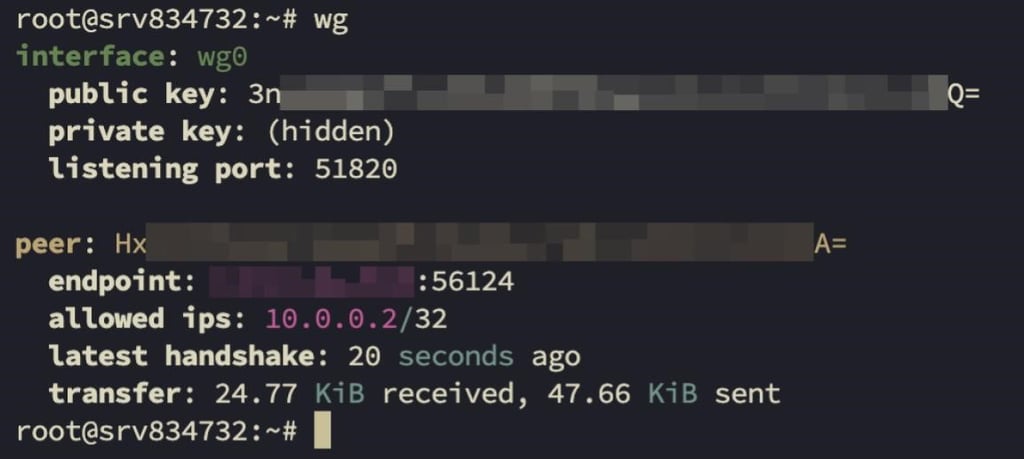wg command on the VPS side showing a successful connection