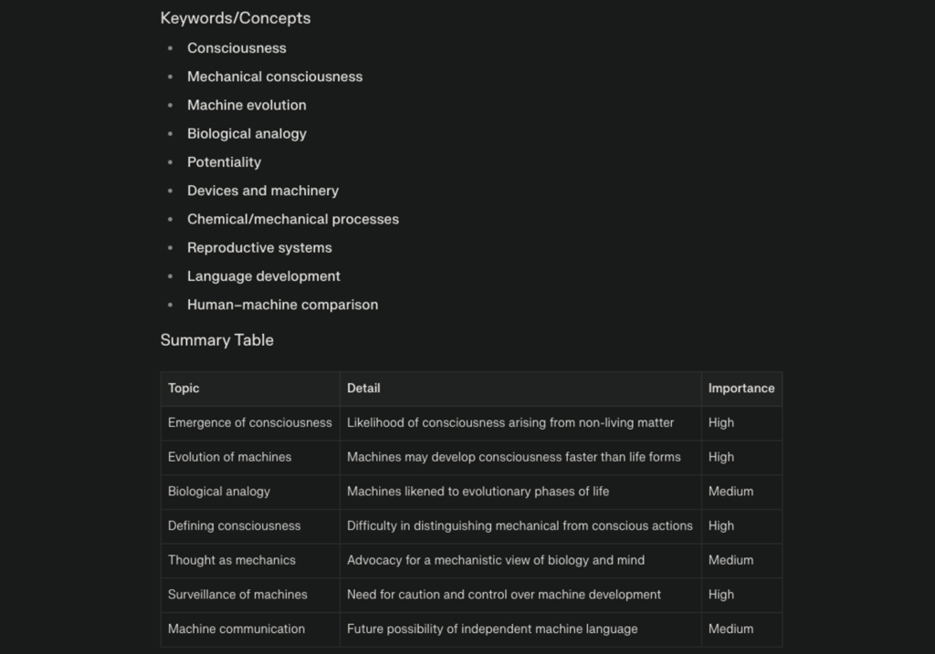 Perplexity’s summarization keywords and table