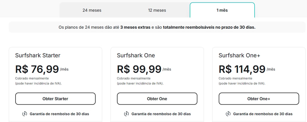 Planos Surfshark VPN para o período de 1 mês