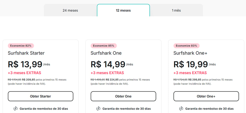 Planos Surfshark VPN para o período de 12 meses