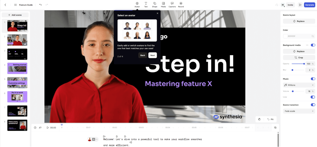 Select an avatar for your new video using Synthesia