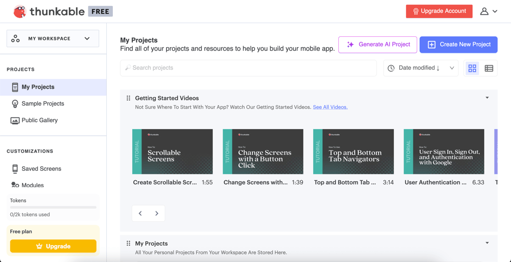 My Projects section on Thunkable