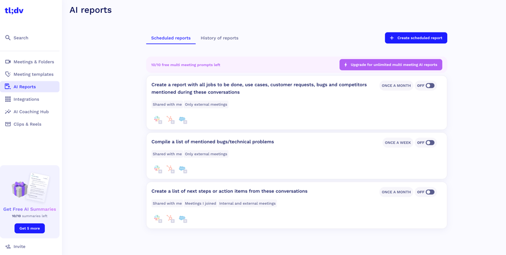 tl;dv’s AI Reports dashboard