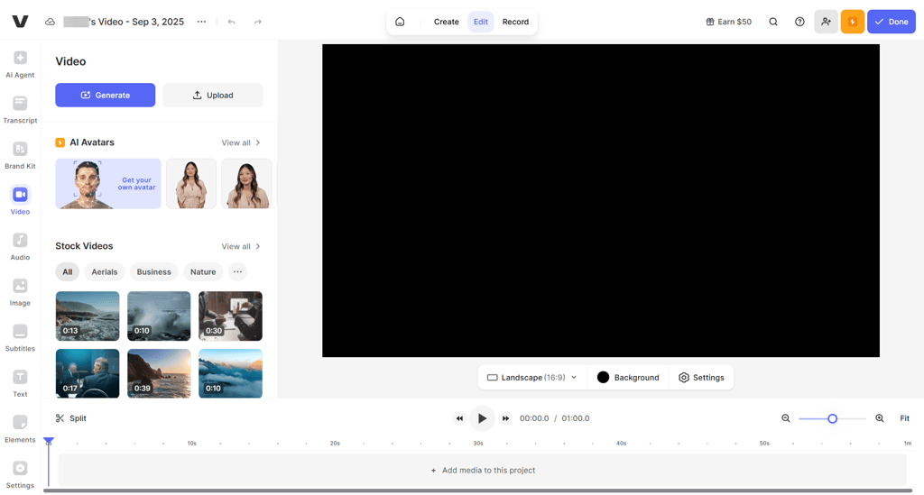 The Veed.io interface showing template options and easy drag-and-drop editing