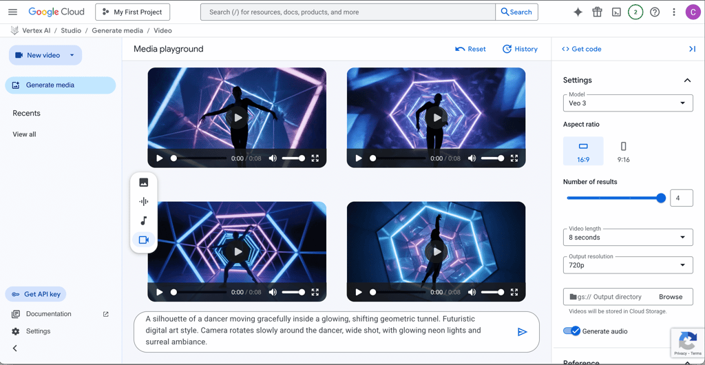 For our first prompt, Veo 3 generated four clips of a dancer silhouette