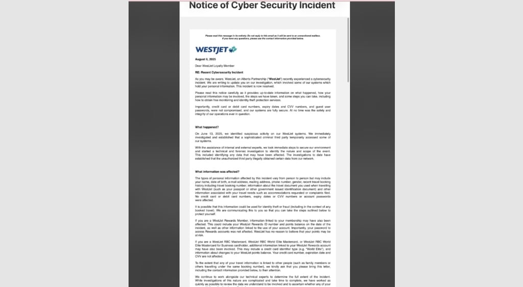 WestJet breach notice email