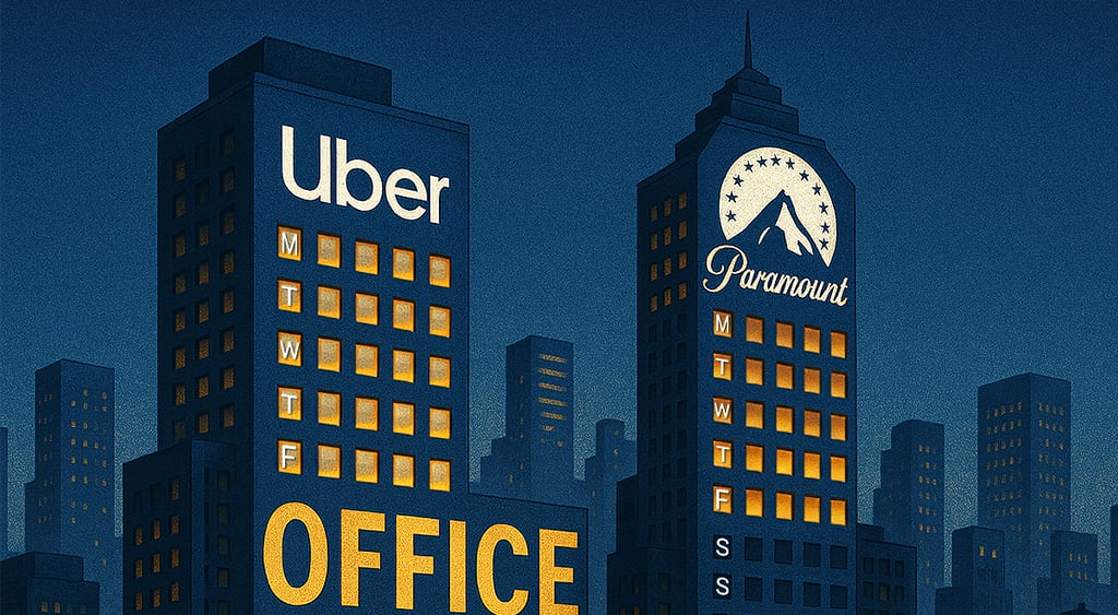 blue paramount and uber skyscrapers, yellow windows that resemble calendar days