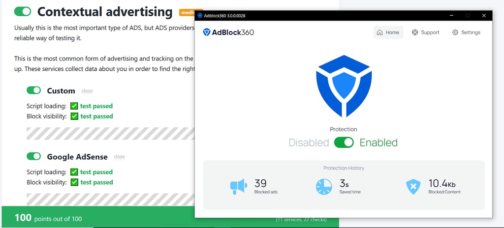 AdBlock 360 showing 39 blocked ads