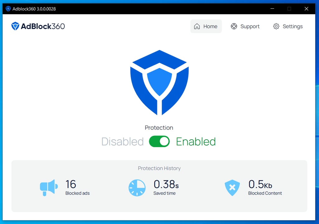 AdBlog 360 Dashboard view with protection toggle enabled, plus blocking statistics