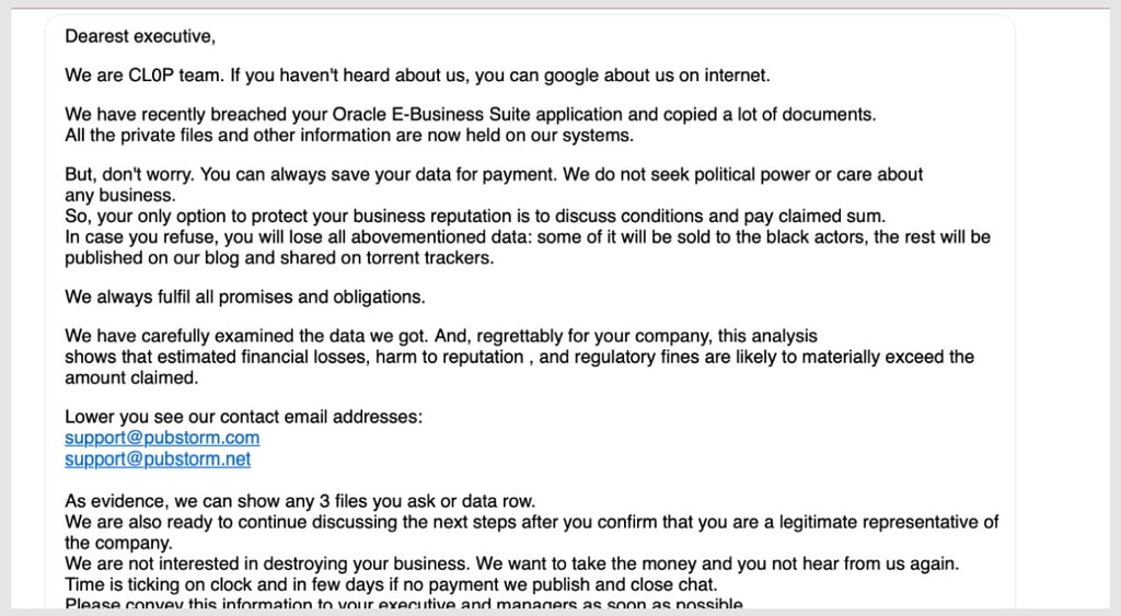 Clop ransom email to Oracle EBS victims