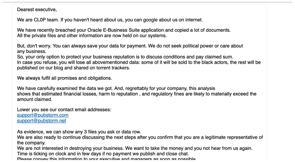 Clop ransom email to Oracle EBS victims