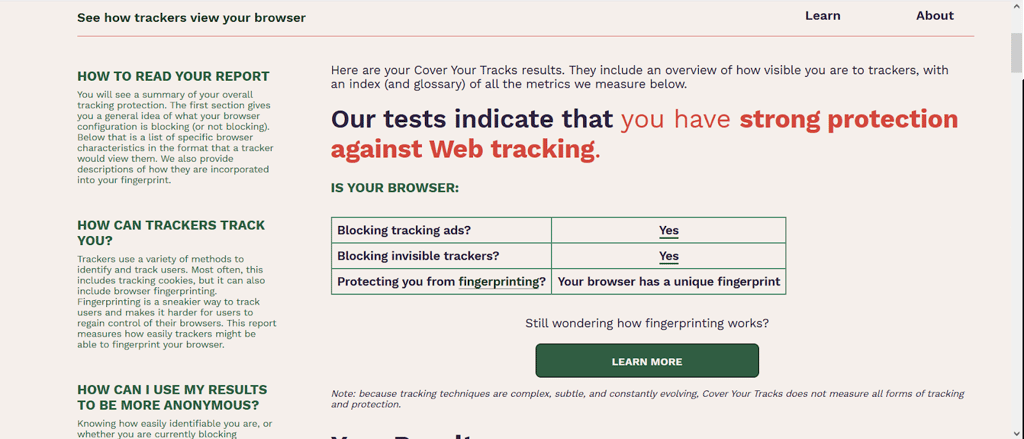 Cover Your Tracks displaying strong protection against tracking ads and invisible trackers