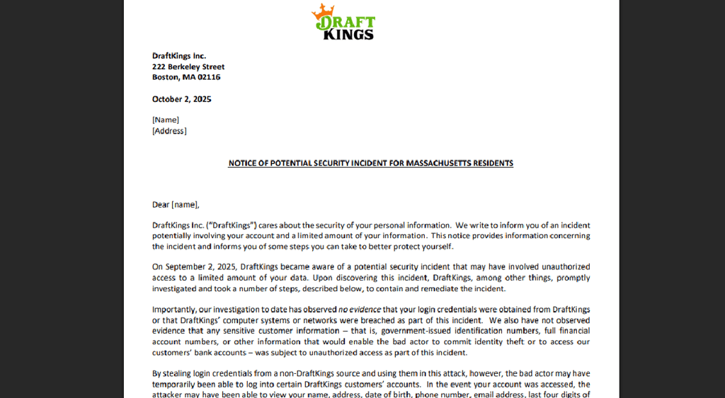 DraftKings breach notice October 2025