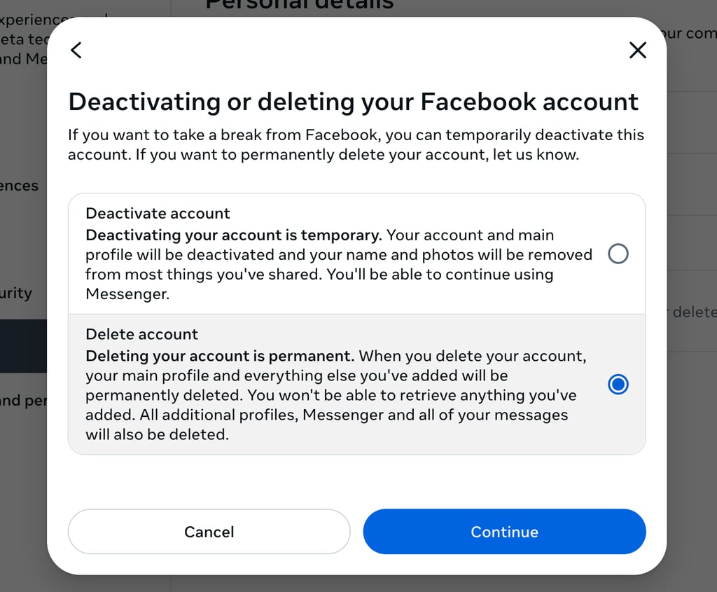 Delete account fb