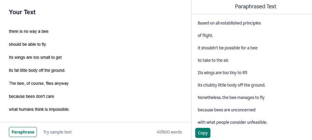Grammarly mirrors the original sentence too closely