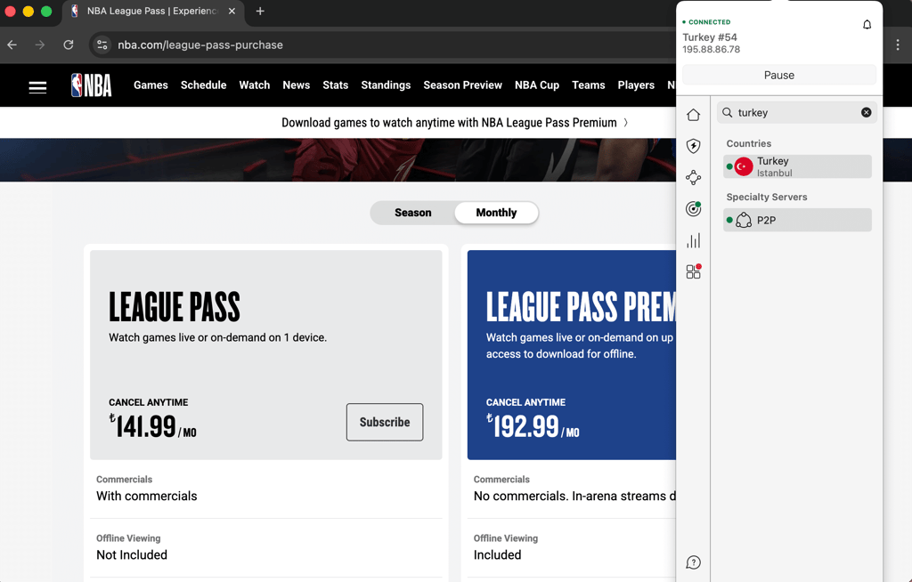 NBA League Pass price Turkey in October