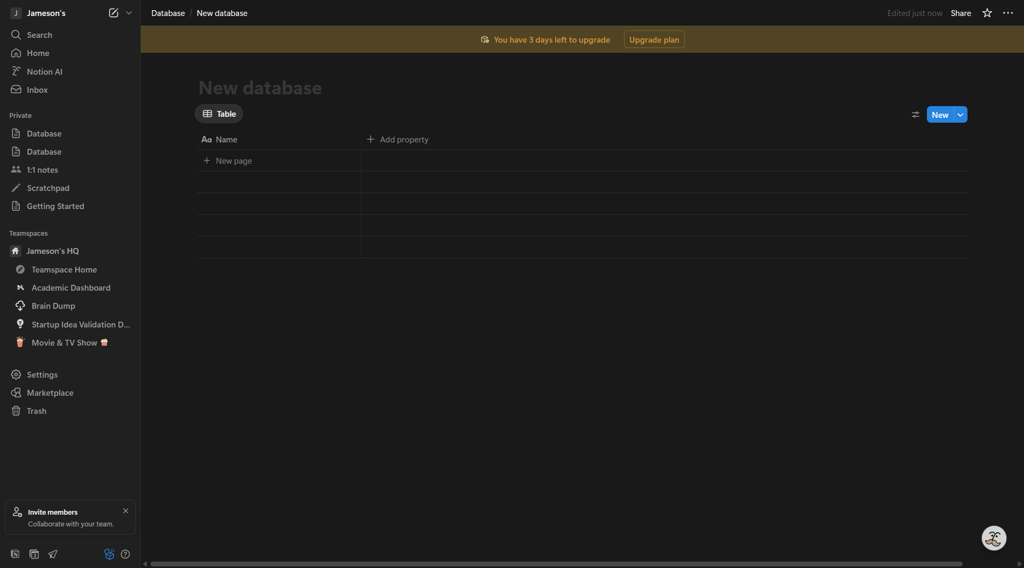 Completely new and empty database in Notion AI’s workspace