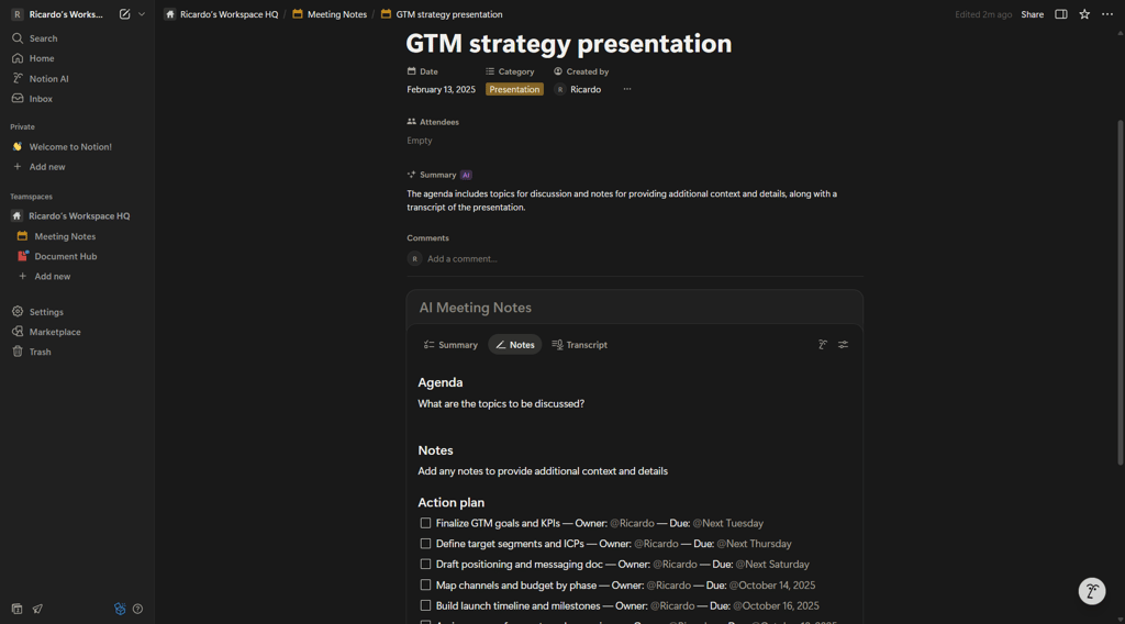Notion AI successfully created a detailed action plan