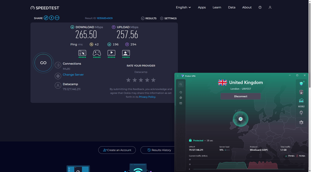 Proton VPN speed when connected to a UK server