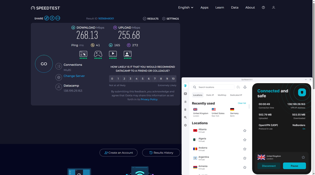 Surfshark's speeds test results connected to a UK server