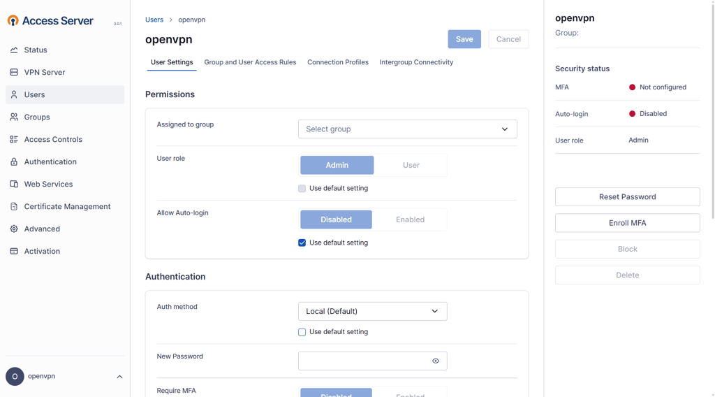 Access Server offers a straightforward web dashboard with status indicators