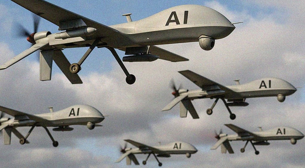 blue cloudy sky, 5 flying drones, AI signs