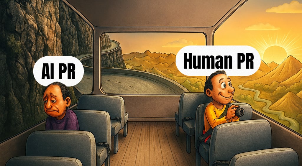 grey bus inside, happy man in yellow sweater, sad man in purple sweater