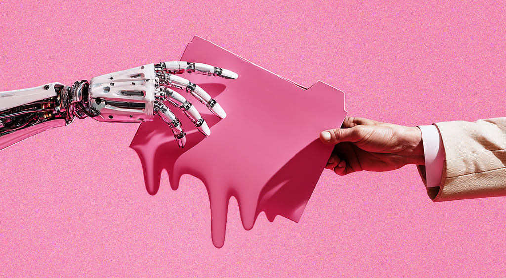 white plastic bot hands hive pink folder folder to womans white hand in pink suit