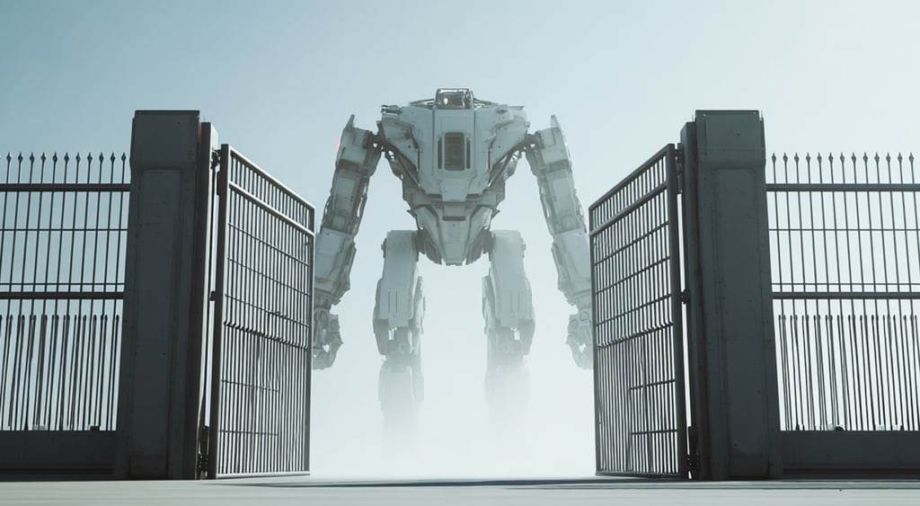 grey huge robot holding metal gates, grey clouds