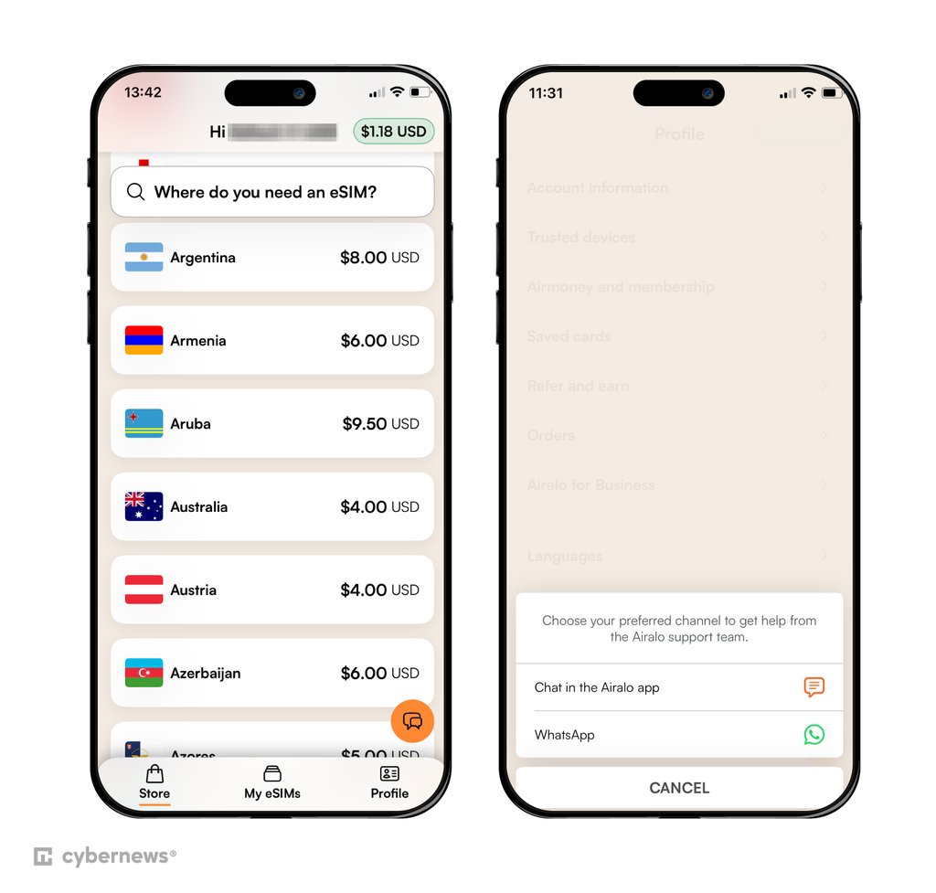 iOS interface of Airalo