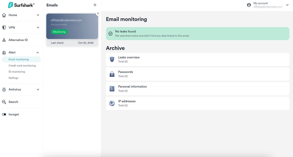 Surfshark’s Alert feature dashboard for email monitoring