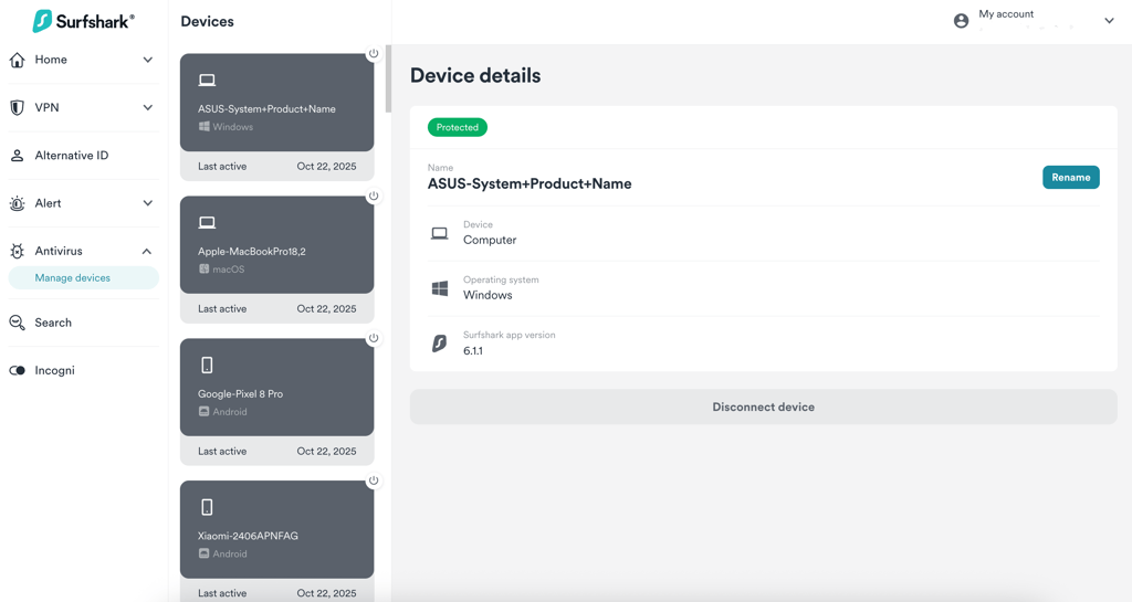 Surfshark’s Antivirus feature dashboard