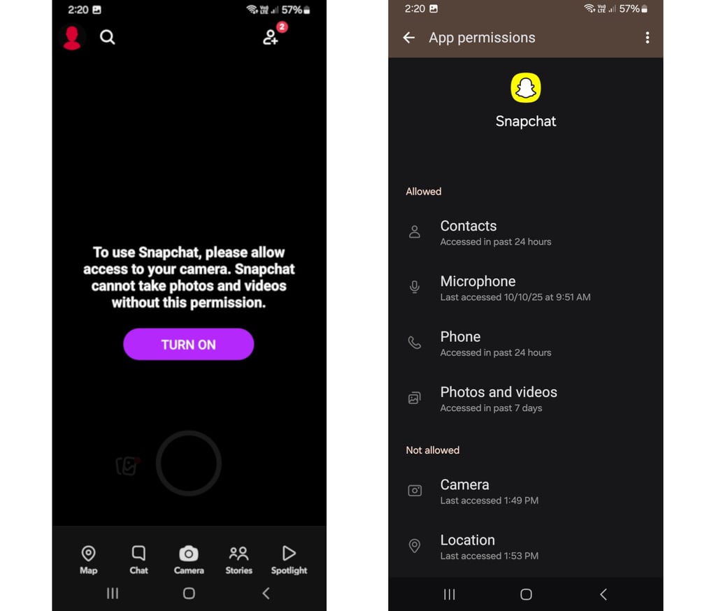 Snapchat camera not working in the left image, Snapchat permissions listed on the right