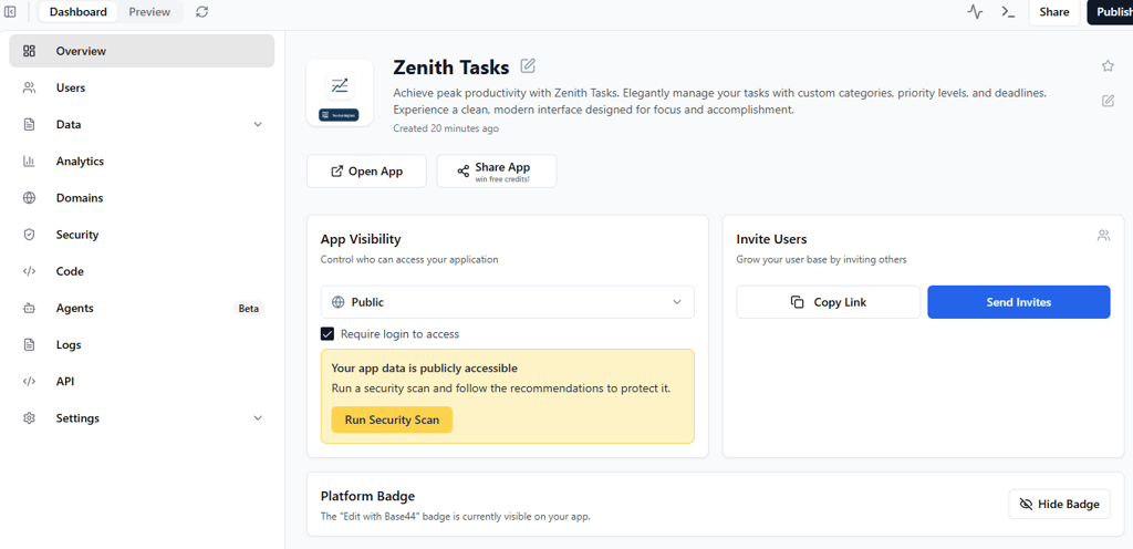 Base44 app builder dashboard