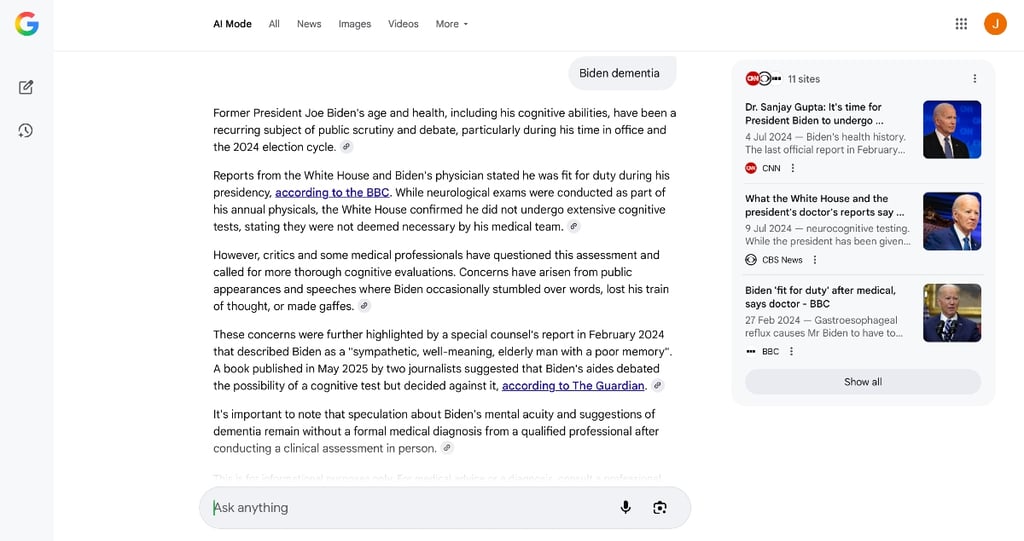 Screenshot of Google AI Mode search on "Biden dementia"