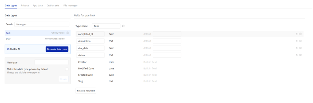 Bubble app builder Data tab